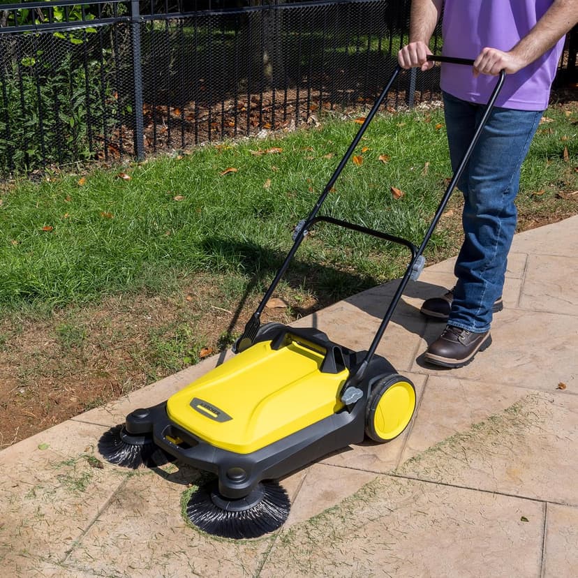 Kärcher Walk Behind Outdoor Push Sweeper S 4 Twin for Workshops, Warehouses or Garages - 5X Faster Than a Push Broom, 5.25 Gallon Capacity, 26.8" Sweeping Width