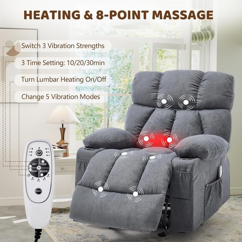 Massage Rocking Recliner Chair, Ergonomic Recliners Sofa with Vibration Massage & Heat, Rocking Chair Nursery Chair for Living Room Lounge with 4 Pockets, 2 Cup Holders, USB Charge Port, Grey