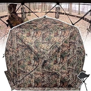 Extra Large Hunting Blind 4 Person with Portable Hunting Chair, 288/360 Degree See Through Pop up Ground Blinds for Deer Turkey Duck Hunting, Bow Hunting Adjust Windows with Silent Zipper
