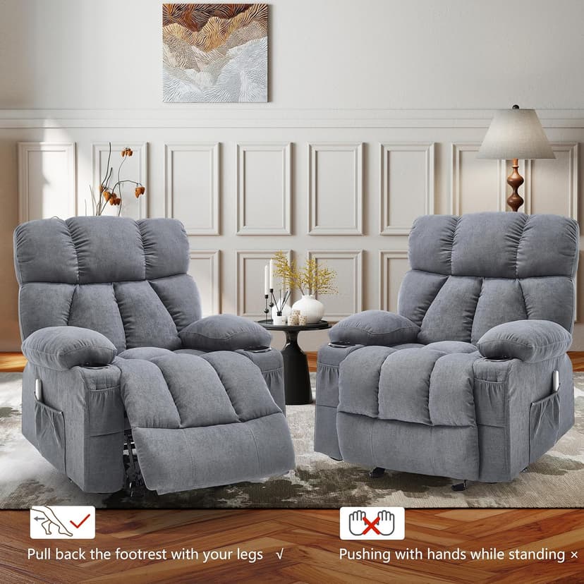 Massage Rocking Recliner Chair, Ergonomic Recliners Sofa with Vibration Massage & Heat, Rocking Chair Nursery Chair for Living Room Lounge with 4 Pockets, 2 Cup Holders, USB Charge Port, Grey