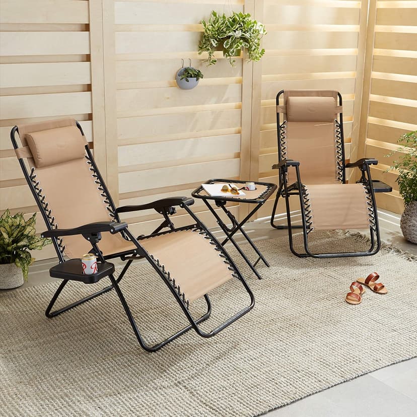 Amazon Basics Outdoor Textilene Adjustable Zero Gravity Folding Reclining Lounge Chair Set with Cup Holder, Side Table, Headrest, Weather-Resistant, 35 x 26 x 43 inches, Beige, 2-Pack