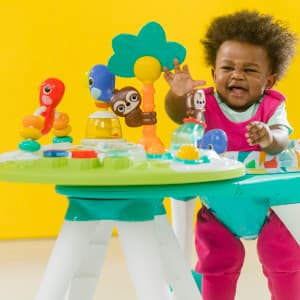 Bright Starts Around We Go 2-in-1 Baby Walker, Discovery Activity Center and Table, Tropic Cool, Ages 6 Months+