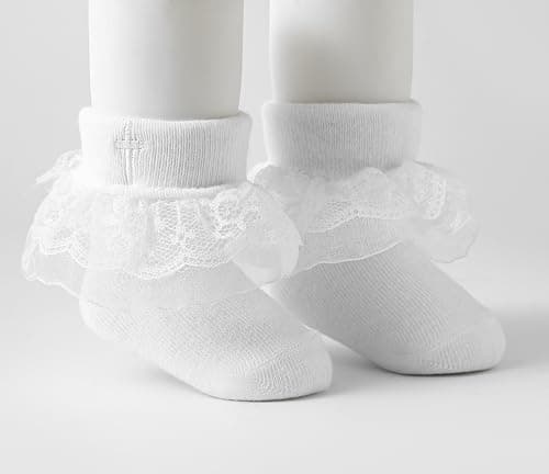 Baptism Socks for Baby Girls - White Newborn Christening Socks With Cross & Eyelet Frilly Lace