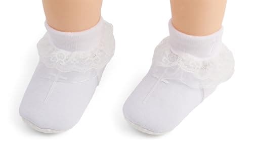 Baptism Socks for Baby Girls - White Newborn Christening Socks With Cross & Eyelet Frilly Lace