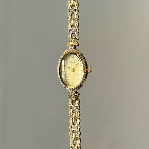 CARLIEN Fashion Vintage Gold Oval Quartz Watches for Women - Alloy Steel Band Slim Bracelet - Roman Numerals Numbers - Dainty Elegant Dress Wristwatch Waterproof