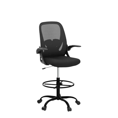 Primy Drafting Chair Tall Office Chair with Flip-up Armrests Executive Ergonomic Computer Standing Desk Chair with Lumbar Support and Adjustable Footrest Ring (Black)
