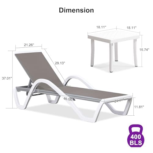 PURPLE LEAF Patio Chaise Lounge Chair Set of 3 Outside Aluminum Plastic Stackable Tanning Chairs with Armrests and Side Table for Pool Sunbathing Beach Deck Outdoor Lounger, Taupe