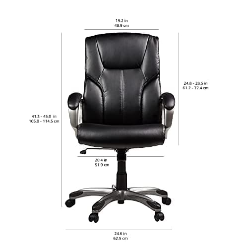 Amazon Basics Executive High Back Office Chair, Adjustable Height, Tilt, Swivel, Padded Seat, Bonded Leather, Wheels, Black/Silver
