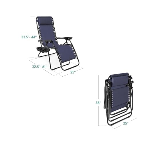 Best Choice Products Set of 2 Adjustable Steel Mesh Zero Gravity Lounge Chair Recliners w/Pillows and Cup Holder Trays - Navy Blue