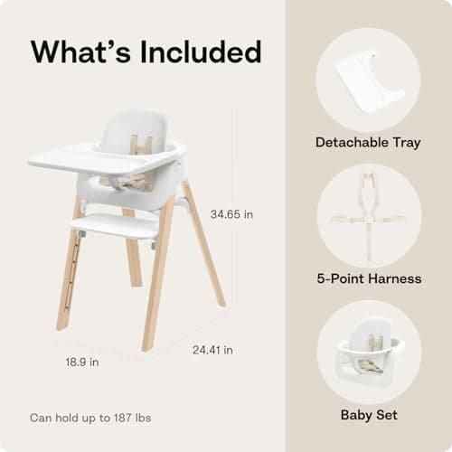 Stokke Steps High Chair for Babies & Children from 6 Months to 10 Years – 2-in-1 Adjustable & Ergonomic Design – Removable Baby Set, Tray & Safety Harness – 18.9 x 24.4 x 34.7 – White/Natural