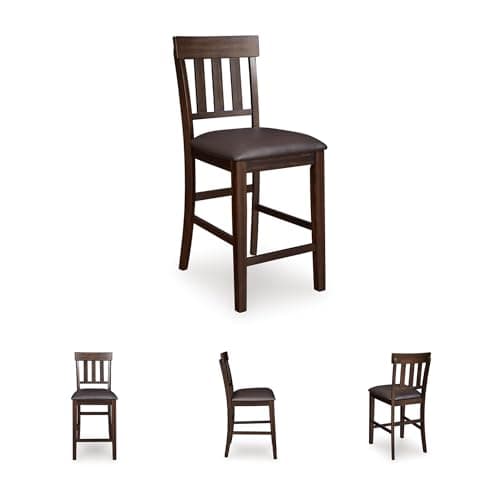 Signature Design by Ashley Haddigan Upholstered Barstool, 2 Count, Slat Back Design, Cushioned Seat, Wood, 25.5" H, Dark Brown