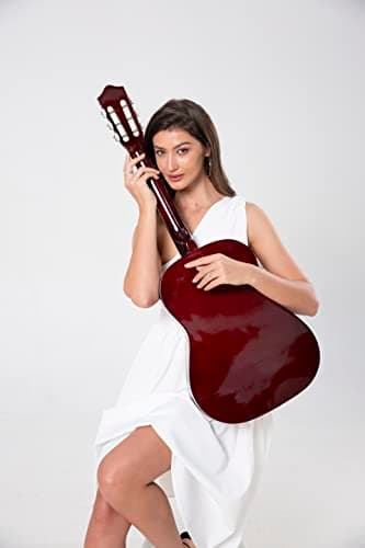 BESYOU 38in Beginner Acoustic Travel Guitar Basic Starter Kit Tuner Capo Strings Winders Strap Picks Pickguard with Gig Bag Starter Practice Guitar For Kids Teens Students Adults