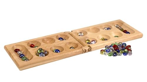 Pressman Mancala Board Game | Fun Classic Table for Adults & Kids | Includes 48 Glass Mancala Stones and Wood Hinged Playing Board | 2 Players, Ages 6+