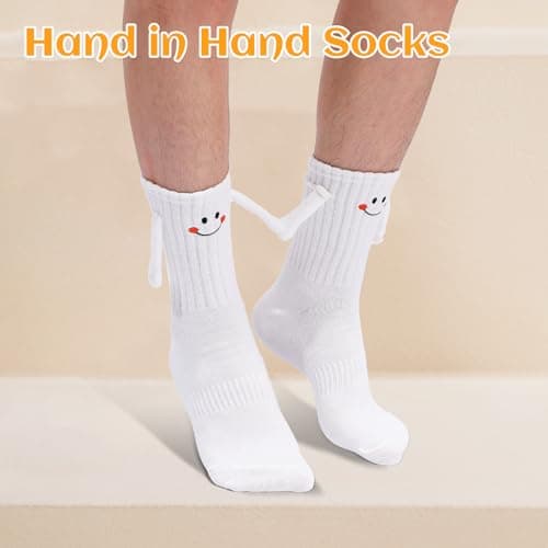 Soft cotton blend, funny 3D holding hands design. Perfect novelty matching socks gift for couples, lovers, and friends. Magnetic Holding Hands Socks for Couples, Cute Novelty Crew Socks B0DJR45VXM