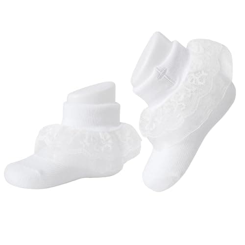Baptism Socks for Baby Girls - White Newborn Christening Socks With Cross & Eyelet Frilly Lace