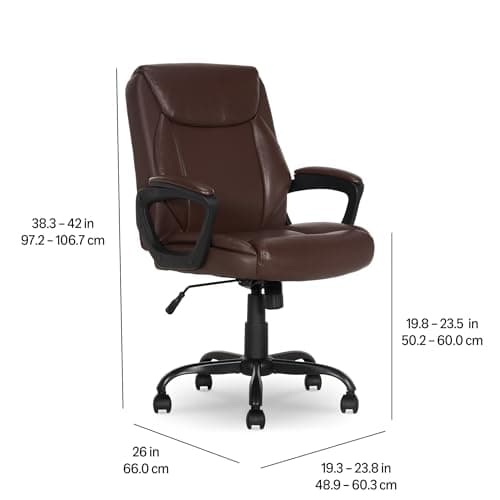 Amazon Basics Classic Puresoft PU Padded Mid-Back Office Chair with Armrest, Height Adjustable, Wheels, 25.75"D x 24.25"W x 42.25"H, Brown