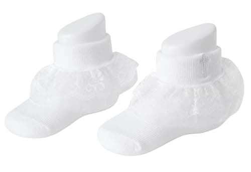 Baptism Socks for Baby Girls - White Newborn Christening Socks With Cross & Eyelet Frilly Lace