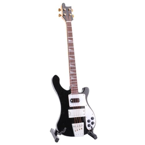 Dselvgvu Wooden Miniature Electric Bass Guitar with Stand and Case Mini Musical Instrument Electric Bass Guitar Replica Collectible Figurines Model Home Decoration Birthday Gifts (7.87"x2.36"x0.35")