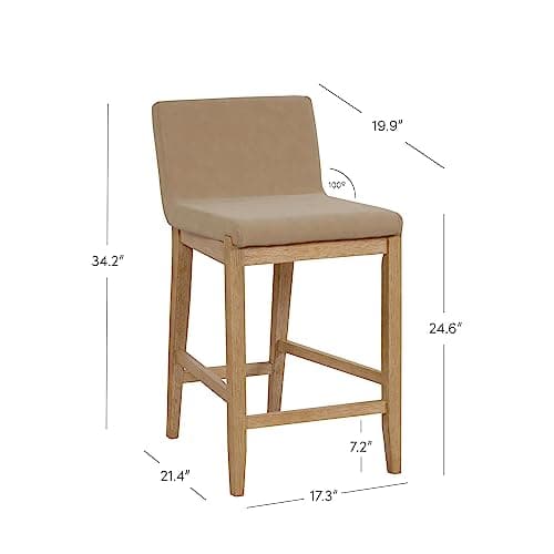 Nathan James Gracie Modern Counter Height Bar Stool with Back, Counter Stool Upholstered Chair with PU Leather and Brushed Wooden Legs, Light Brown, Set of 4