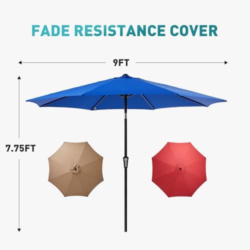 OLIXIS 9ft Patio Umbrella with Tilt and Crank Button & 8 Sturdy Ribs Waterproof, Patio Table Umbrella Perfect for Poolside, Terrace, Beach and Outdoor Restaurant, Blue