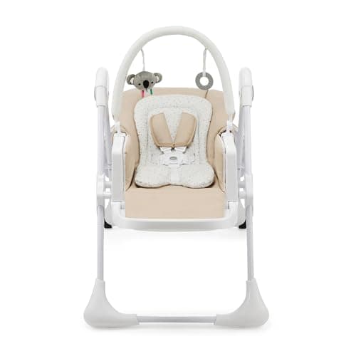 Kinderkraft Tummie, 2-in-1 high Chair, Baby Chair, Ergonomic, Comfortable, Reclining, Foldable, with Ajustable Height, Footrest, Detachable Tray, for Toddler, with Toys, Beige