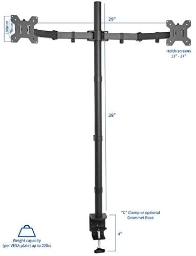 VIVO Dual Monitor Stand Up Desk Mount Extra Tall 39 inch Pole, Fully Adjustable Stand for up to 27 inch Screens, Black, STAND-V012