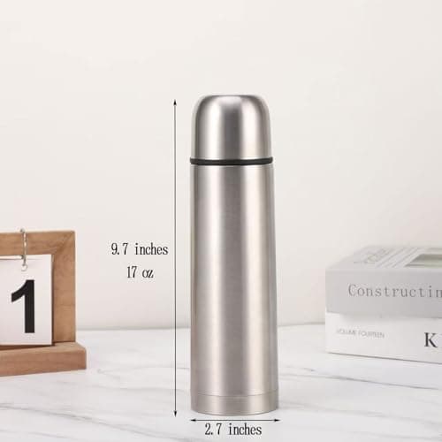 Stainless Steel Thermal Bottle with Cup Vacuum Insulated Bottle for Hot and Cold Drinks Coffee Cup Travel Mug Vacuum Flask for Tea 17Oz/500Ml(Silver)