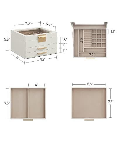 SONGMICS Jewelry Box Organizer with Glass Lid, 3-Layer Jewelry Storage, with 2 Drawers, Modern Style, Christmas Gift, 8 x 9.1 x 5.3 Inches, Cloud White and Gold Color UJBC239WT