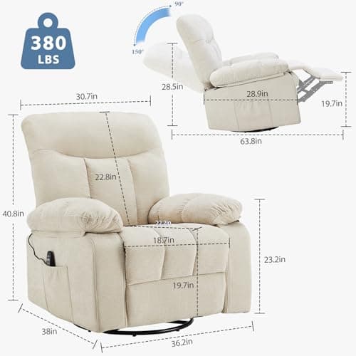 Recliner Chair, Durable & Tear-Resistant Massage Chair with Heating, Premium Chenille Fabric Massage Recliner Supports up to 380 LBS for Living Room, Bedroom, Beige
