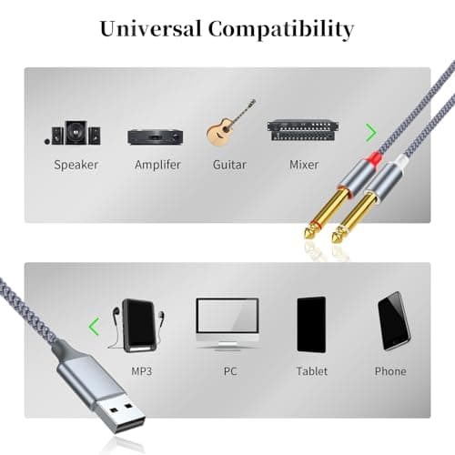 Eaglewireless 3ft USB Guitar Cable, USB A Male to Dual 6.35mm Splitter Y Cable, Guitar 1/4 Inch TS to Computer Interface Cable Adapter for Instruments Recording Singing, Bass/Electronic/Piano/Drums