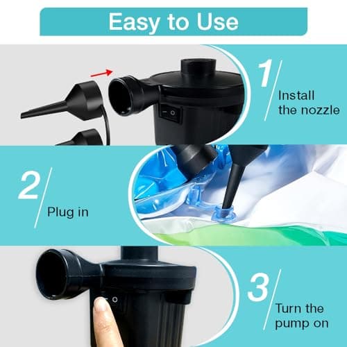Electric Air Pump,Portable Quick-Fill Air Pump, Air Mattress Pump with 3 Nozzles for Inflatable Boat, Air Mattress Beds,Swimming Ring.Compatible with Home and car Adapter by Inscool (110V AC/12V DC)