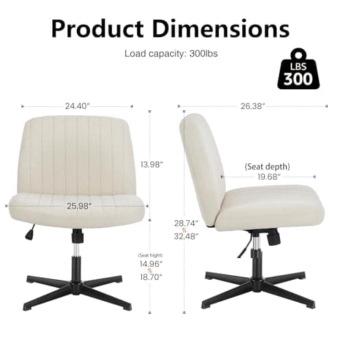 DUMOS Desk Chair No Wheels, Criss Cross Chair Wide Cross Legged Office Desk Vanity Comfy Chair, Armless Adjustable Swivel Chairs for Home Computer Task Beige