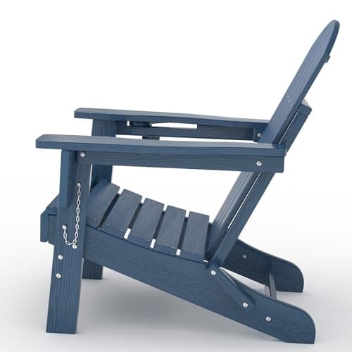 GarveeLife Folding Adirondack Chair Set of 2 with Side Table, All-Weather HDPE Outdoor Chair, Wooden Textured with Cup Holder for patios, Decks, Gardens, fire pits, Navy Blue