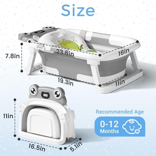 BUNWAG Baby Bathtub, Collapsible Newborn Bathtub for Infant to Toddler with Soft Cushion and Thermometer,Portable Travel Newborn Tub with No-Slip Feet, Baby Shower Gifts, 0-12 Months Baby Bath, Grey B0CTJXJL4T