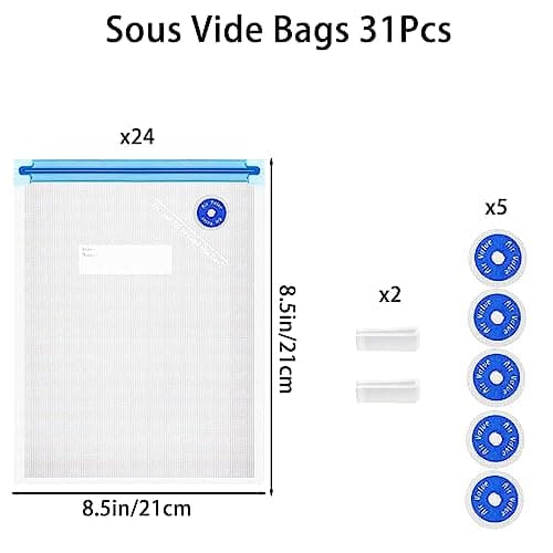 Reusable BPA Free Vacuum Sealer Bags (8.5 * 8.5in), 31 Pcs (24 Pcs Vacuum Zipper Bag & 2 Seal Clips & 5 Air Valves), Plastic, Clear, Double Zipper Seal, Microwaveable, Food Storage, Cooking
