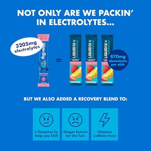 Waterboy Weekend Recovery Sample Pack | 3,200mg Electrolyte Powder Packets | Ginger + L-Theanine + Vitamins | No Sugar, All Natural, Gluten Free | 12 Drink Stick Mixes (Sample Pack)