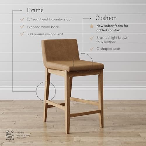 Nathan James Gracie Modern Counter Height Bar Stool with Back, Counter Stool Upholstered Chair with PU Leather and Brushed Wooden Legs, Light Brown, Set of 4