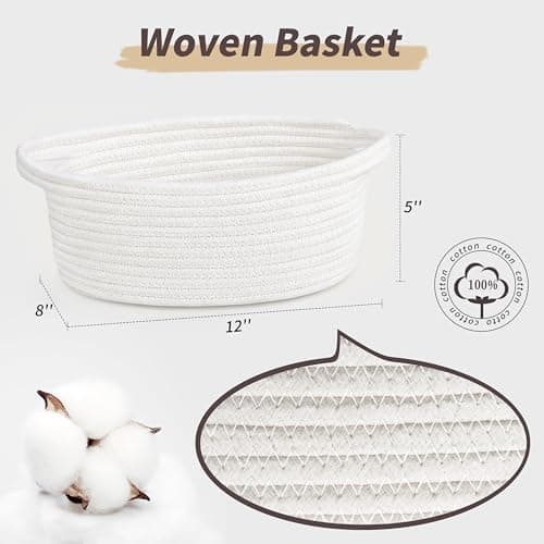 Pro Goleem Small Woven Basket with Gift Bags and Ribbons Durable Baskets for Halloween Gifts Empty Small Rope Basket for Storage 12"X 8" X 5" Baby Toy Baskets with Handles, White