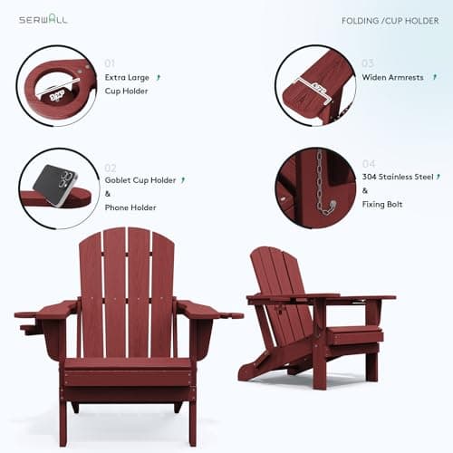 SERWALL Adirondack Chair with Cup Holders - Composite Adirondack Chairs Set of 2 HDPE Outdoor Chairs All Weather Use- Dark Red