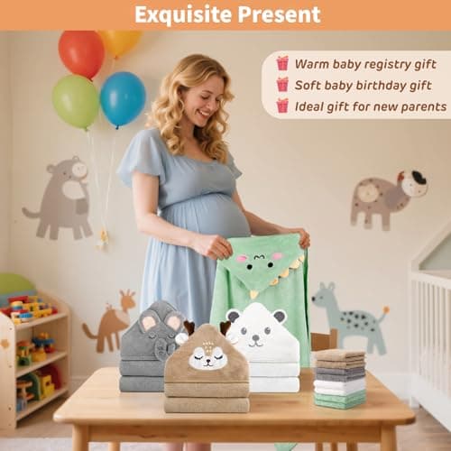 4 PCS Baby Towels & 8 PCS Washcloths Set, Cute Animal Hooded, Ultra Absorbent & Soft, Newborn Shower Gifts for Boys & Girls 12 PCS Baby Bath Towels Set for Infants Toddlers Essentials B0F3JC4GWM