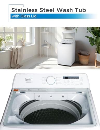 BLACK+DECKER 4.1 Cu. Ft. Top Loading Washing Machine with Agitator, Full Size Washing Machine with Glass Lid and Stainless Steel Tub, Machine with LED Display, 10 Wash Cycles, 120V, BTLW41MW, White