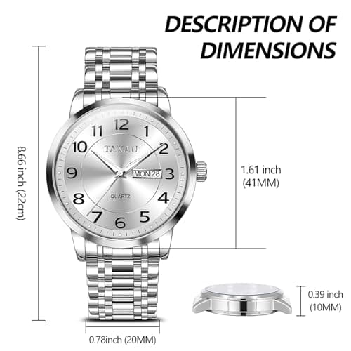 Taxau Watches for Men Stainless Steel Waterproof Two Tone Luxury Casual Silver Wrist Watch Quartz Analog Business Big Face Classic Dress Mens Watches with Day Date