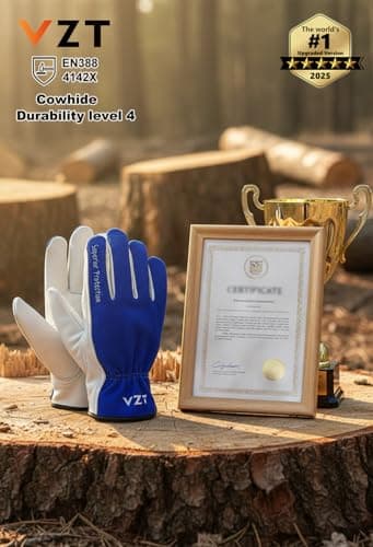 VZT 12 Pairs Bulk Winter Leather Work Gloves for Men or Women for Construction, Wood cutting, Driving, Water Resistant, Keep warm, Soft, Cowhide, Class 4 Abrasion Resistant, Blue-White, XL