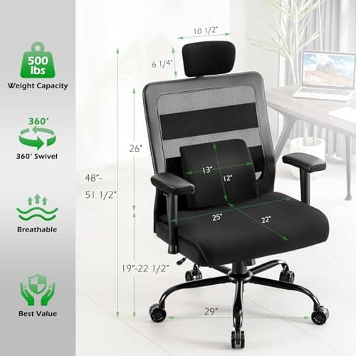 Extra Wide Seat Office Chair for Big and Tall 500lbs, with High Back Adjustable Headrest Lumbar Support Arms Wheels Heavy Duty (Breathable Fabric Seat)