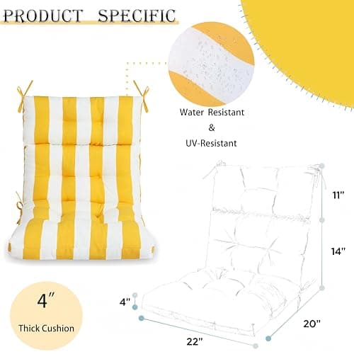Only choice High Back Adirondack Chair Cushion Set of 2-44”x 22”x 4” Waterproof, Fade-Resistant Outdoor Rocking Chair Cushions for Patio, Garden, Porch (2, Yellow White Stripes)