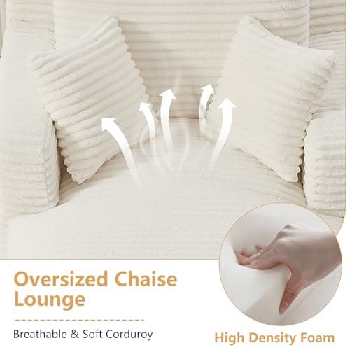 65.4" Chaise Lounge Chair Indoor, Corduroy Oversized Boneless Lounge Chair Single Sofa Bed with 3 Pillows, Deep Seat Comfy Upholstered Reading Chair for Living Room, Bedroom, Apartment Beige