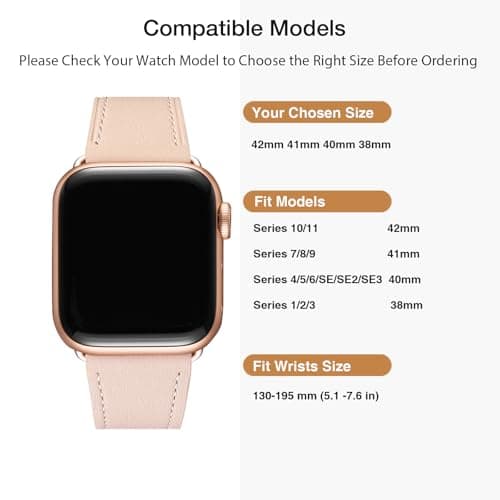 MNBVCXZ Leather Bands Compatible with Apple Watch Band Women, Womens Genuine Replacement Strap for iWatch Series 11 10 9 8 7 6 5 4 3 2 1 SE 3 SE 2 SE (42mm 41mm 40mm 38mm, Pink Sand/Rose Gold)