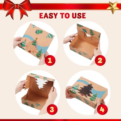 JOYIN 12PCS Christmas Cookie Boxes for Gift Giving, 8.75" x 5.75" x 2.75" Xmas Holiday Treat Cookie Tin with Window, 3 Designs Brown Foiled Kraft Bakery Box for Pastries, Cupcakes, Brownies, Doughnut