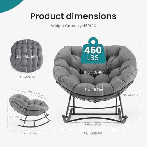 OLIXIS Outdoor Rocking Chair with 5.5" Thick Cushion, Oversized Egg Lounge Chair with Water-Repellent & UV-Resistant Fabric, 450 Lbs Heavy Duty for Patio, Living Room, Garden, Bedroom, Gray