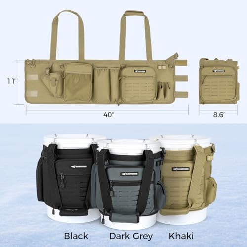 KastKing Karryall Fishing Bucket Organizer for 5 Gallon Bucket, Ice Fishing Tackle Bag with Adjustable Buckle, Rod & Plier Holder and Multi-Pockets for Fishing Gear & Accessories Storage,Khaki
